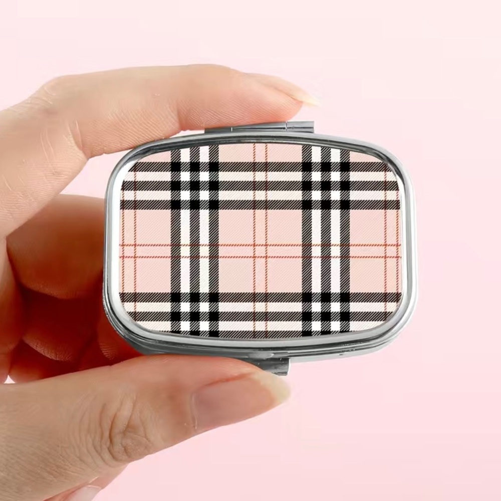 Plaid Pattern Rectangular Makeup/Pill case Mirror With Storage Function - Picture 4 of 5